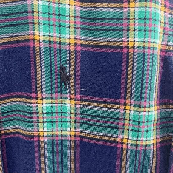 Vintage Polo Ralph Lauren Blue Green Pink Plaid Flannel Button Down Mens M 15.5 - Picture 3 of 6